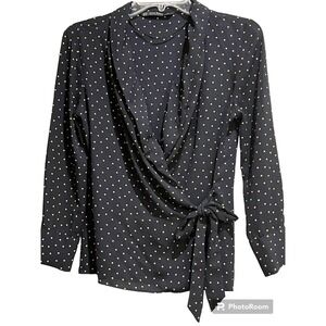 Zara Basic Women's XS Wrap Blouse Long Sleeve Polka Dot Black Gold